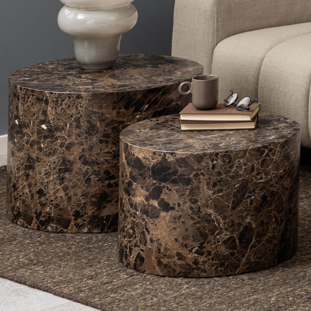 Florence Dice Brown Marble and Delhi Rough Paper Effect Round Coffee Table Set of 2 - Size: 40 x 58 x 58cm - Furniture To Go - Wilko - image 1