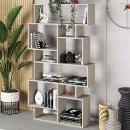 Decortie Karmato 10 Shelf Sandstone Asymmetric Tall Freestanding Bookcase - Cream - Wilko - thumbnail 1
