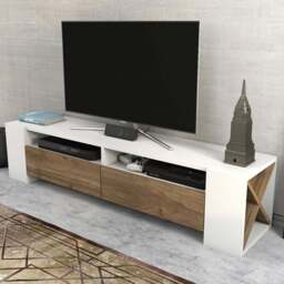 Decorotika Sosruko 2 Door 10 Shelf White and Walnut TV Unit - Size: 35 x 140 x 35cm - Multi - Wilko - thumbnail 1