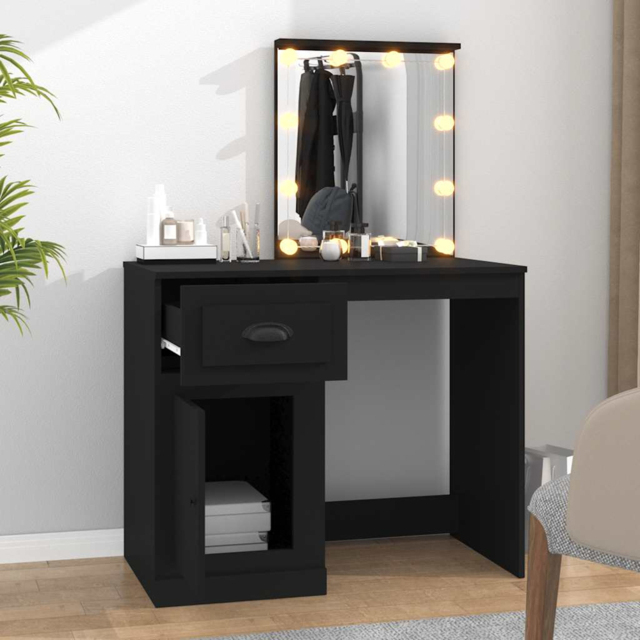 vidaXL Single Door Single Drawer Black Dressing Table with LED Mirror - Size: 132.5 x 90 x 50cm - Wilko - image 1