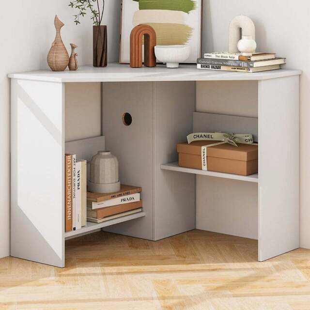 Costway Triangle Corner Computer Desk with Open Shelf and Cable Holes White - Size: 101 x 100 x 10cm - Wilko