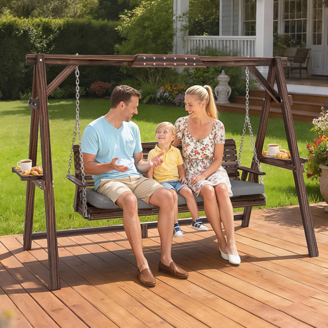 Outsunny 3 Seater Grey Garden Swing Chair with Side Trays and Cushion - Size: 170 x 243 x 134cm - Carbonised finish - Wilko - image 1