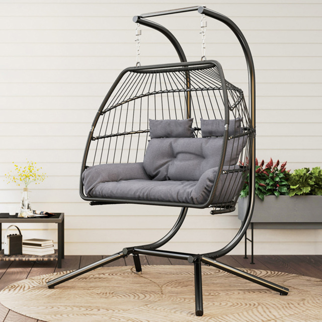 Outsunny 2 Seater Dark Grey Rattan Hanging Egg Chair with Stand and Cushion - Size: 185 x 100 x 170cm - Wilko - image 1
