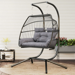Outsunny 2 Seater Dark Grey Rattan Hanging Egg Chair with Stand and Cushion - Size: 185 x 100 x 170cm - Wilko