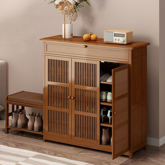 H&O Direct 3 Door Single Shelf Bamboo Shoe Cabinet Bench - Size: 98.5 x 149.5 x 32cm - Brown - Wilko - image 1
