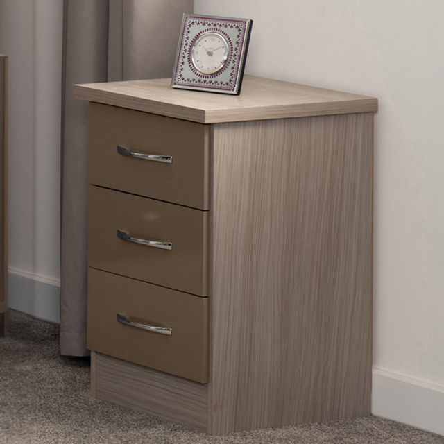 Seconique Nevada 3 Drawer Oyster Gloss and Light Oak Veneer Bedside Table - Brown - Wilko - image 1