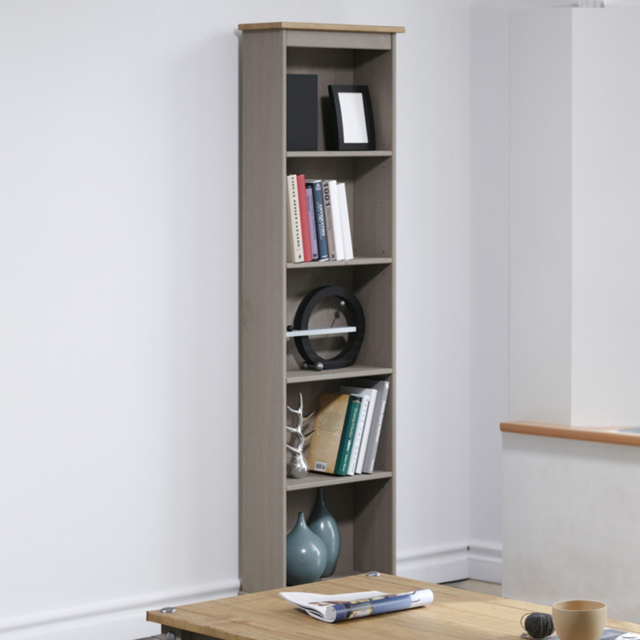 Corona 5 Shelf Grey Washed Wax Finish Tall Narrow Bookcase - Wilko - image 1