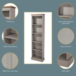 Corona 5 Shelf Grey Washed Wax Finish Tall Narrow Bookcase - Wilko - thumbnail 6
