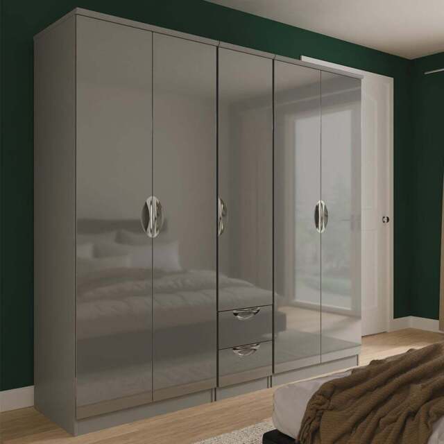 Crowndale Camden 5 Door 2 Drawer Grey Gloss and Dusk Grey Wardrobe Ready Assembled - Grey Gloss & Dusk Grey - Wilko - image 1