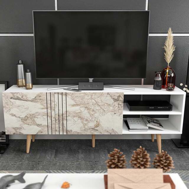 Decorotika Ronas 2 Door 2 Shelf White and White Marble Effect Wide TV Unit - Size: 59.5 x 160 x 35cm - Multi - Wilko - image 1