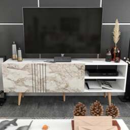 Decorotika Ronas 2 Door 2 Shelf White and White Marble Effect Wide TV Unit - Size: 59.5 x 160 x 35cm - Multi - Wilko - thumbnail 1
