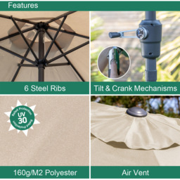 GardenKraft Beige 6 Ribs Crank and Tilt Parasol 2.7m - Cream - Wilko - thumbnail 6
