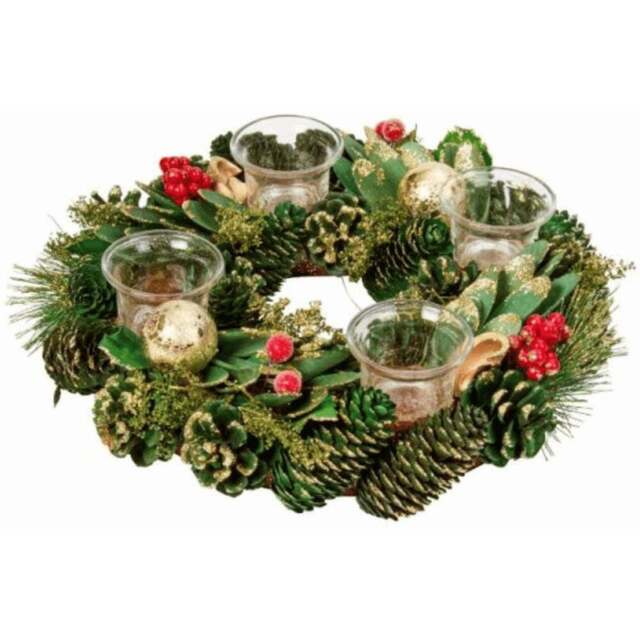 Premier Christmas Bauble Quartet Candle Holder with Pinecones and Red Berries 33cm - Size: 9 x 33 x 33cm - Green - Wilko - image 1