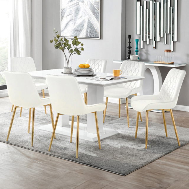 Furniturebox Molini Cesano 6 Seater Dining Set White Gloss Cream and Gold - Wilko - image 1