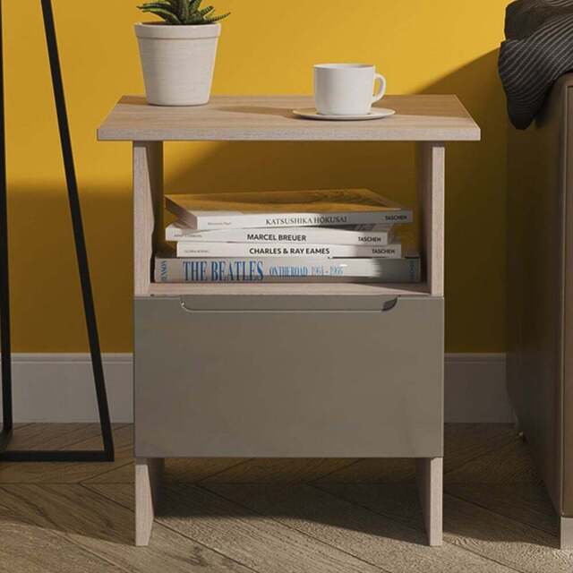 Crowndale Milan Single Drawer Single Shelf Grey Gloss and Grey Oak Lamp Table Ready Assembled - Size: 50 x 44 x 44cm - Grey Gloss & Grey Oak - Wilko - image 1