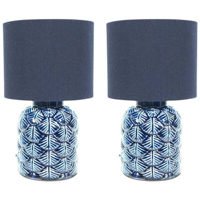 ValueLights Priyah Fabric Shade Navy Ceramic Scallop LED Table Lamp 2 Pack - Size: 25.5 x 15 x 15cm - Blue - Wilko - image 1