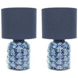 ValueLights Priyah Fabric Shade Navy Ceramic Scallop LED Table Lamp 2 Pack - Size: 25.5 x 15 x 15cm - Blue - Wilko