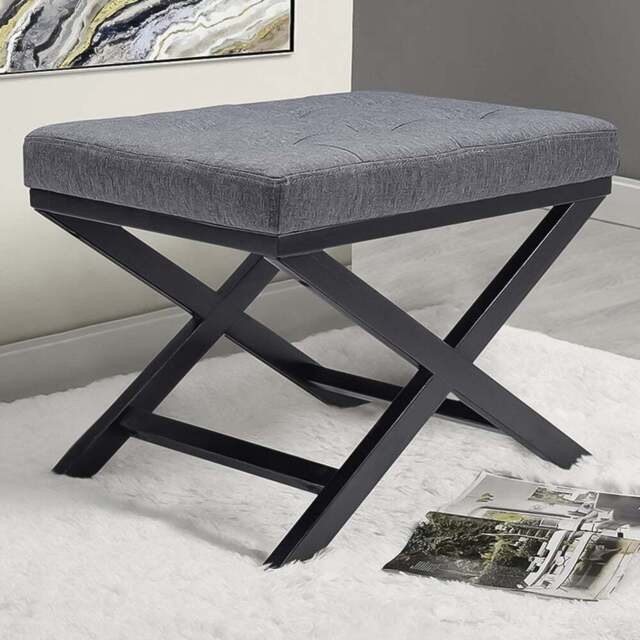 Living and Home Grey Rectangle Linen Buttoned X-shaped Legs Footstool - Size: 45 x 61 x 46cm - Wilko - image 1