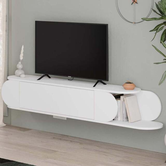 FWStyle Tone Single Door 2 Shelf White Wall Mounted TV Unit - Size: 30 x 180 x 29.6cm - Wilko - image 1