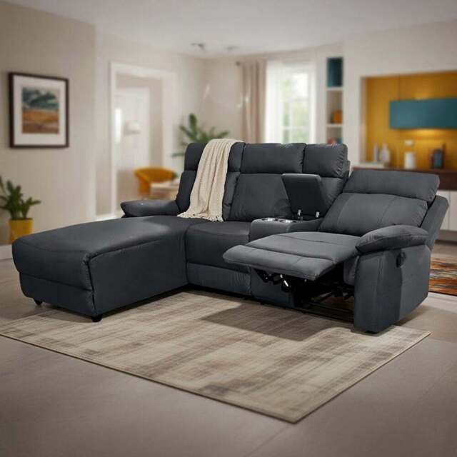 DS Living Sorento 3 Seater Black Leather Right Hand Chaise Corner Recliner Sofa - Wilko - image 1