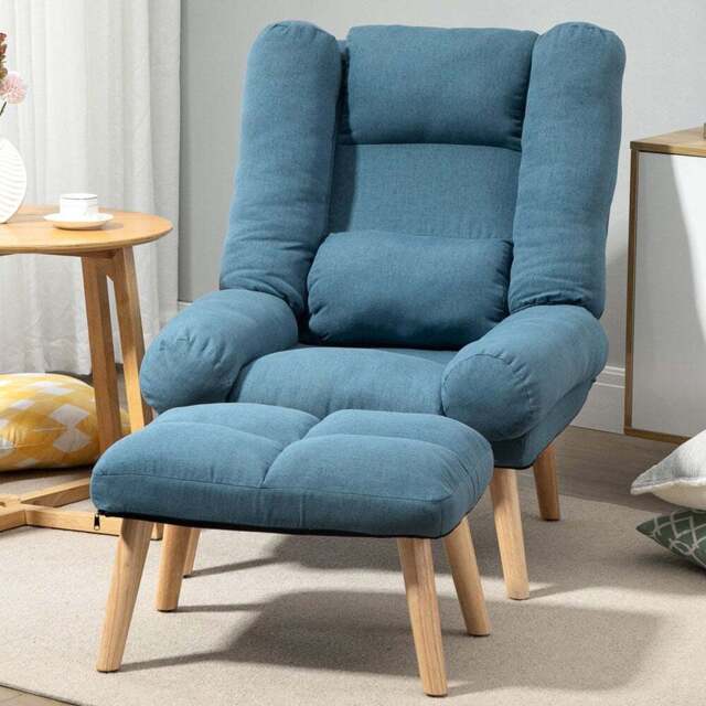 Portland Blue Linen Manual Recliner Chair with Footstool - Size: Single - Wilko - image 1