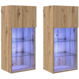 vidaXL Single Door 3 Shelf Artisan Oak Wide Wall Mounted LED TV Unit Set of 2 - Size: 79 x 35.5 x 35.5cm - Brown - Wilko - thumbnail 3