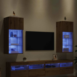 vidaXL Single Door 3 Shelf Artisan Oak Wide Wall Mounted LED TV Unit Set of 2 - Size: 79 x 35.5 x 35.5cm - Brown - Wilko - thumbnail 1