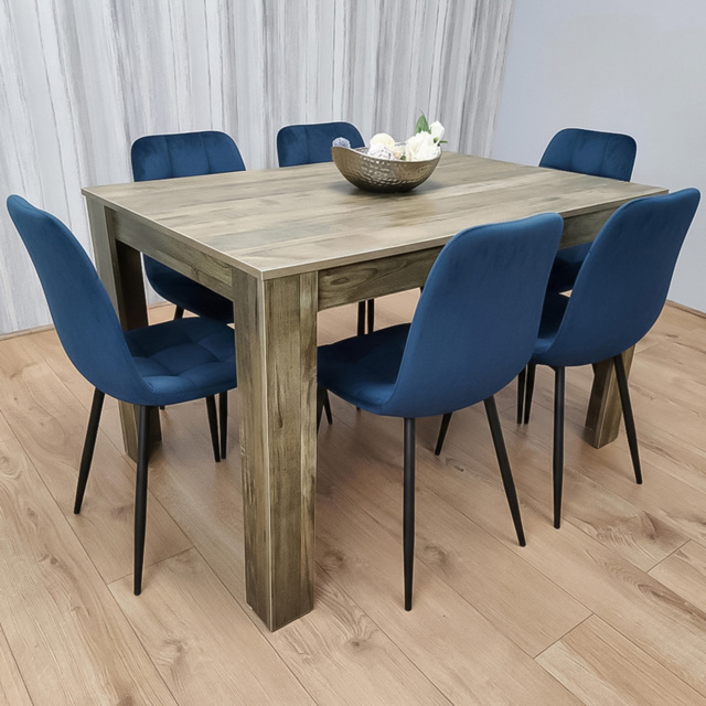 Portland 6 Seater Velvet Tufted Wooden Dining Set Blue - Wilko - image 1