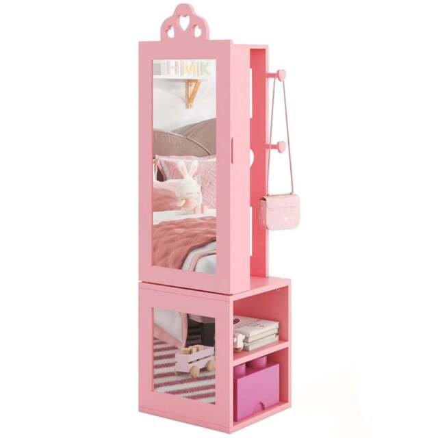 Costway 2 Shelf Pink Kids Jewellery Armoire Full Length Mirror with Coat Rack - Size: 34 x 30 x 117cm - Wilko - image 1