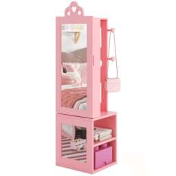 Costway 2 Shelf Pink Kids Jewellery Armoire Full Length Mirror with Coat Rack - Size: 34 x 30 x 117cm - Wilko - thumbnail 1