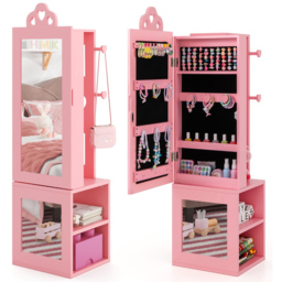 Costway 2 Shelf Pink Kids Jewellery Armoire Full Length Mirror with Coat Rack - Size: 34 x 30 x 117cm - Wilko - thumbnail 3
