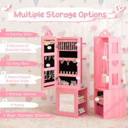 Costway 2 Shelf Pink Kids Jewellery Armoire Full Length Mirror with Coat Rack - Size: 34 x 30 x 117cm - Wilko - thumbnail 7