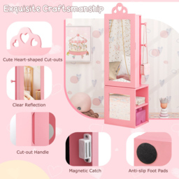 Costway 2 Shelf Pink Kids Jewellery Armoire Full Length Mirror with Coat Rack - Size: 34 x 30 x 117cm - Wilko - thumbnail 6