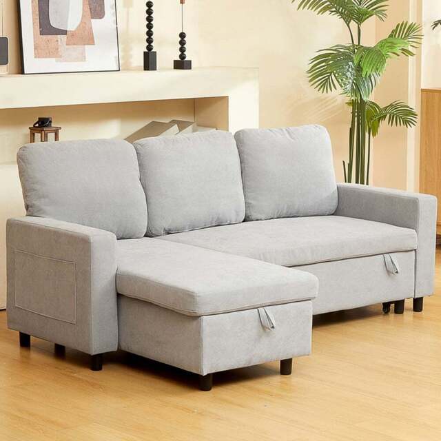 HOMCOM 3 Seater Light Grey L Shaped Convertible Pull Out Corner Sofa Bed with Storage - Wilko - image 1