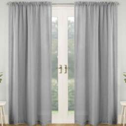 Tyrone Textiles Tahiti Grey Linen Look Pom Pom Trim Rod Pocket Voile Panel Curtains 140 x 137cm - Size: W 140 x D 137cm - Wilko