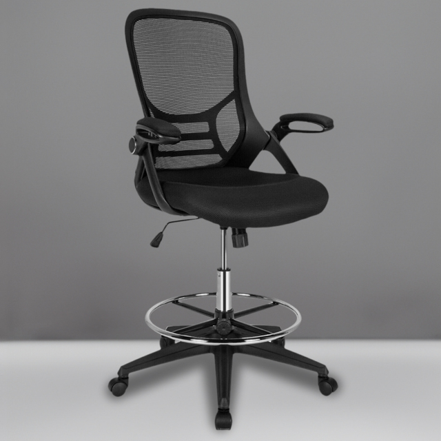 Costway Mesh Drafting Chair with Flip-up Armrests - Size: 68 x 66 x 33cm - Black - Wilko - image 1
