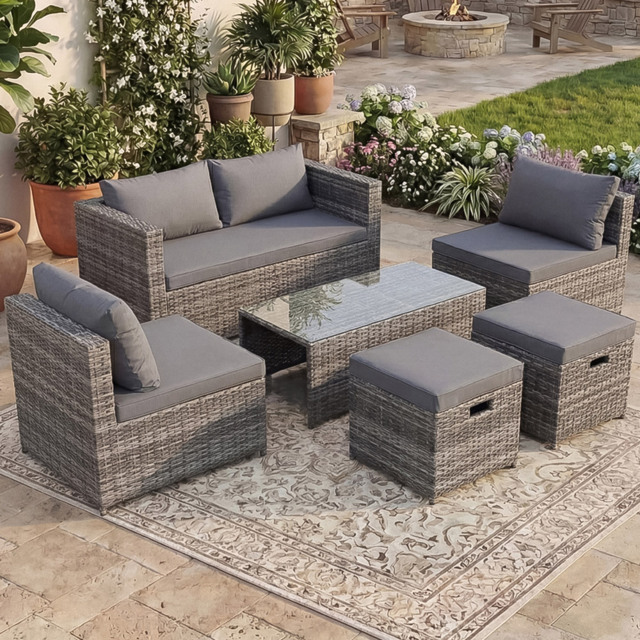 Garden Vida Islay 6 Seater Grey PE Rattan Set Garden Lounge Set with Cover - Wilko - image 1