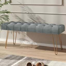 Living and Home Rectangle Buttoned Velvet Bench with Gold Hairpin Legs - Size: 47 x 116 x 40cm - Grey - Wilko