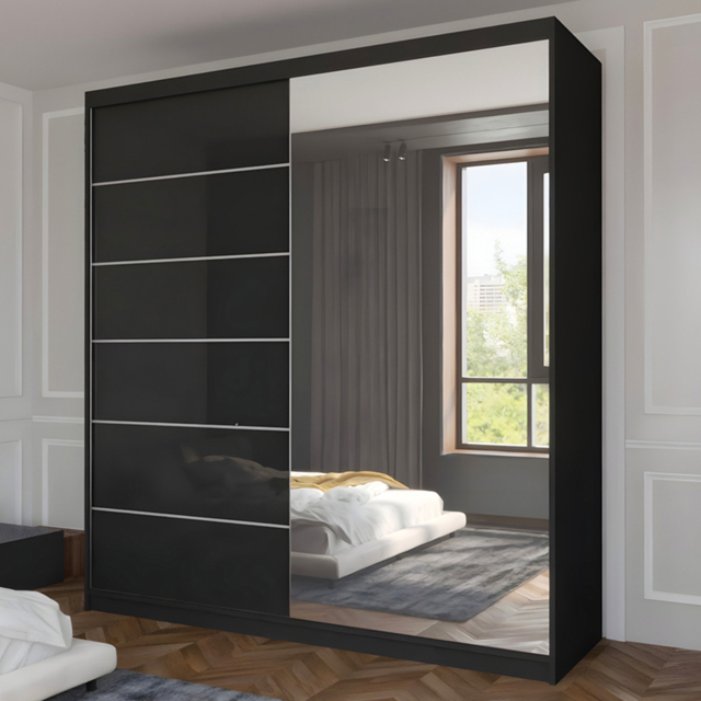 Sliding Wardrobes 4U Infinity 2 Door Black High Gloss Mirrored Wardrobe 180cm - Wilko - image 1