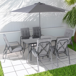 Rowly 6 Seater Grey Garden Dining Set with Parasol - Wilko