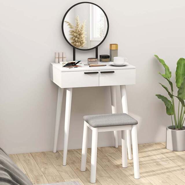 HOMCOM 2 Drawer White Dressing Table Vanity Set with Mirror and Stool - Size: 20 x 58 x 74cm - Wilko - image 1