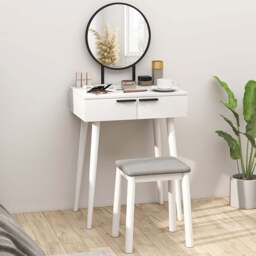 HOMCOM 2 Drawer White Dressing Table Vanity Set with Mirror and Stool - Size: 20 x 58 x 74cm - Wilko