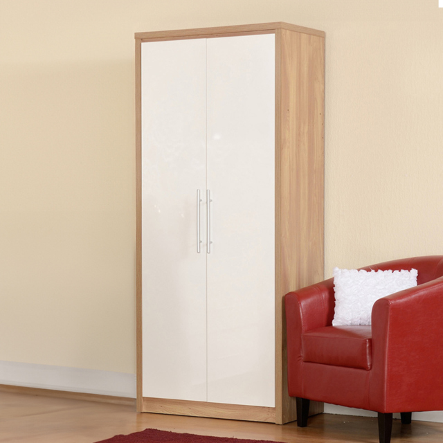 Seconique Seville 2 Door Gloss White and Light Oak Veneer Wardrobe - Wilko - image 1
