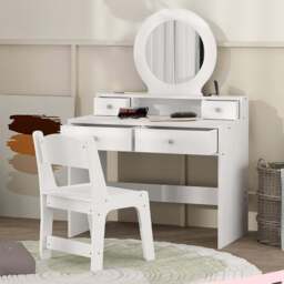 AIYAPLAY 4 Drawer White Mirror Kids Dressing Table and Stool Set - Size: 98 x 40 x 70cm - Wilko - thumbnail 1