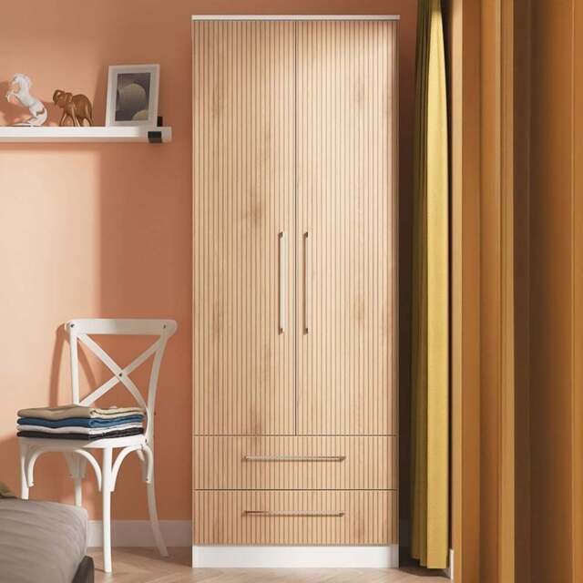 Crowndale Worcester 2 Door 2 Drawer Slatt Effect and White Tall Wardrobe Ready Assembled - Slatt Effect & White - Wilko - image 1