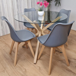 Kosy Koala 4 Seater Glass and Plastic Round Dining Table Set Oak Effect and Grey - Clear - Portland - Wilko