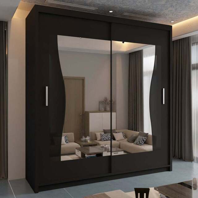 Sliding Wardrobes 4U Batumi 2 Door Black Wide Curved Mirrored Wardrobe 203cm - Wilko - image 1