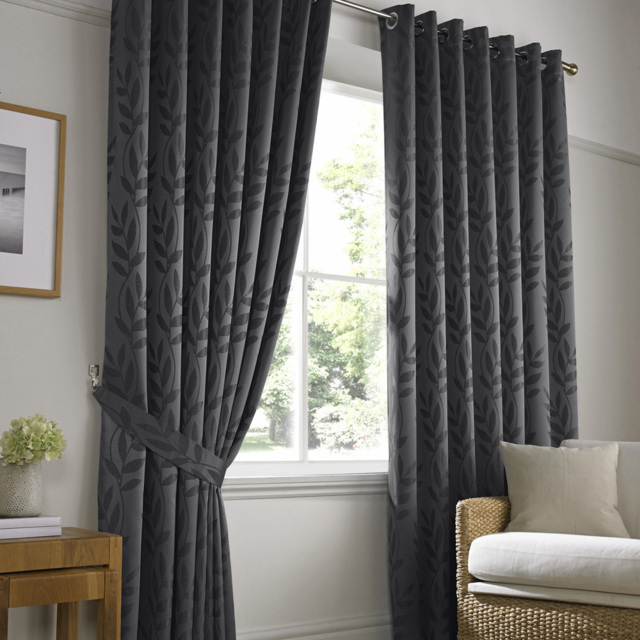 Alan Symonds Dupion Charcoal Leaf Jacquard Ring Top Eyelet Curtains 229 x 183cm - Size: W 229 x D 183cm - Wilko - image 1