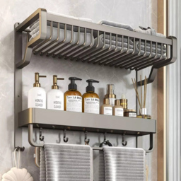Living and Home 2 Tier Wall Mounted Bathroom Shelf with Towel Bar and Hangers - Size: 42 x 57 x 21.5cm - Grey - Wilko - thumbnail 3