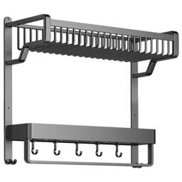 Living and Home 2 Tier Wall Mounted Bathroom Shelf with Towel Bar and Hangers - Size: 42 x 57 x 21.5cm - Grey - Wilko